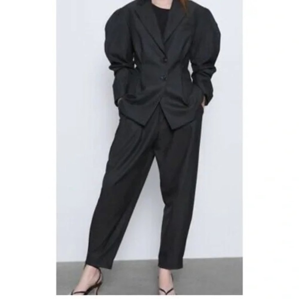 NWT ZARA Black Plaid Puff Sleeve Blazer Jacket, Sz Medium